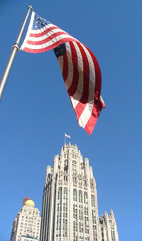 US Flag and building